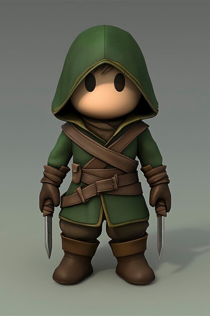 Renderizado en 3D de un personaje de dibujos animados con dos puñales