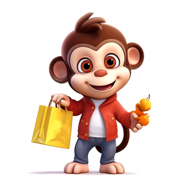 Renderizado en 3D del personaje de dibujos animados Mono con bolsa de compras y mandarina