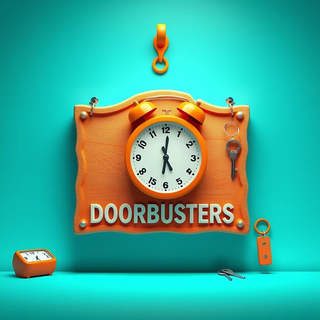 Renderizado en 3D de piedra arenisca Tabla de letreros en blanco Apagadores de puertas Relojes de alarma Llaves Colgadores de puertas Objeto principal es A