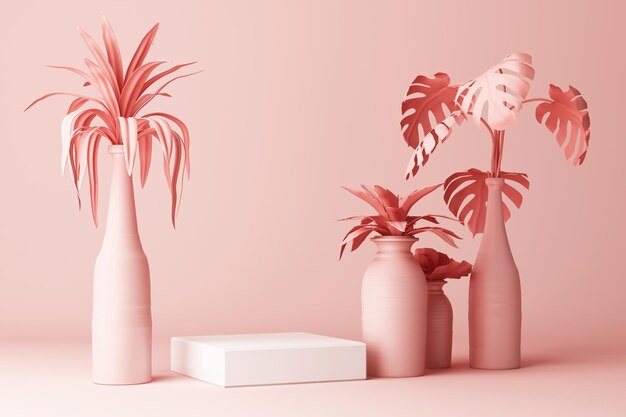 Renderizado en 3D de plantas tropicales aisladas sobre un fondo rosado
