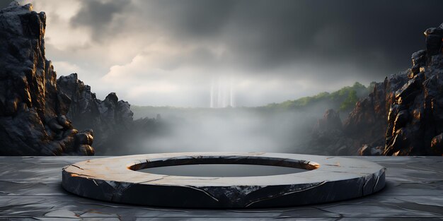 Renderizado en 3D de una plataforma de piedra en el fondo del mar y la montaña