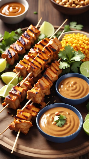 Renderizado en 3D de un plato de satay de pollo Sate ayam