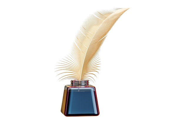 Renderizado en 3D de la pluma dorada y la botella de tinta
