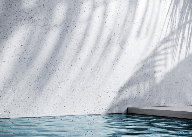 Renderizado en 3D de un podio en el agua con hojas tropicales y sombras en la pared