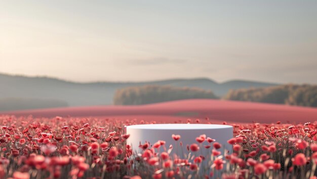 Foto renderizado en 3d de un podio blanco con un fondo de amapolas