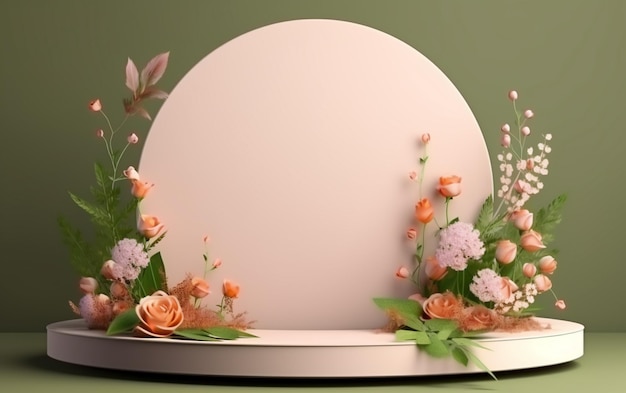 Renderizado en 3D de un podio de exhibición abstracta con flores y marco redondo