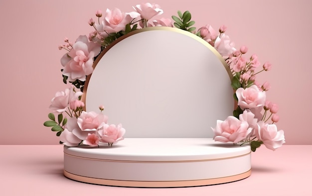 Renderizado en 3D de un podio de exhibición abstracta con flores y marco redondo