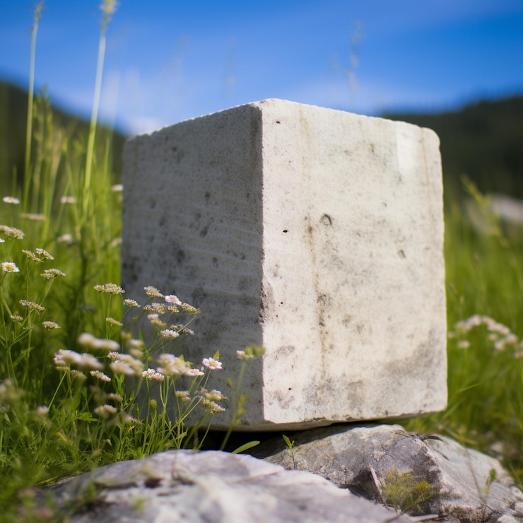 Foto renderizado en 3d de un podio de piedra y plantas tropicales en el fondo