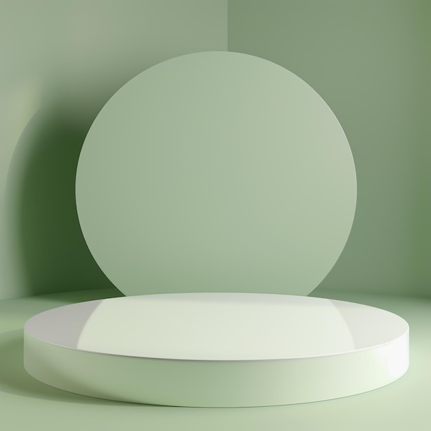 Renderizado en 3D de un podio redondo blanco vacío sobre un fondo verde