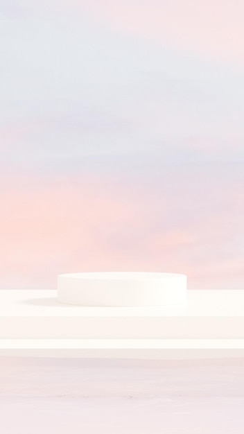 Renderizado en 3D de un podio redondo contra un telón de fondo de agua clara con un tono rosa claro en el retrato