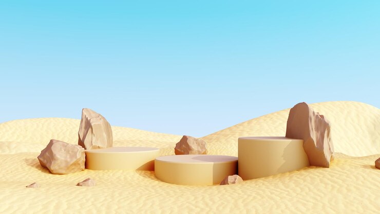 Renderizado en 3D de un podio de verano en la arena para publicidad