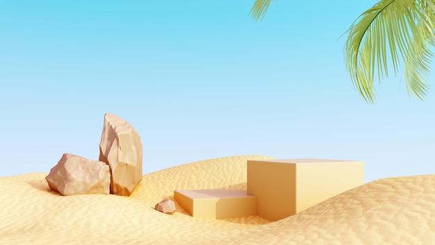 Renderizado en 3D de un podio de verano en la arena para publicidad