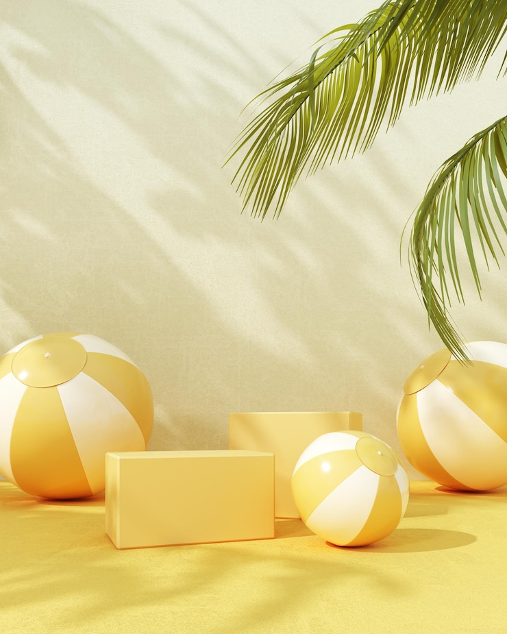 Renderizado en 3D del podio de verano con bolas de playa y paraguas sobre fondo amarillo