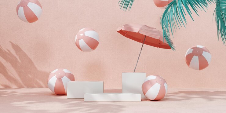 Renderizado en 3D del podio de verano con bolas de playa y un paraguas
