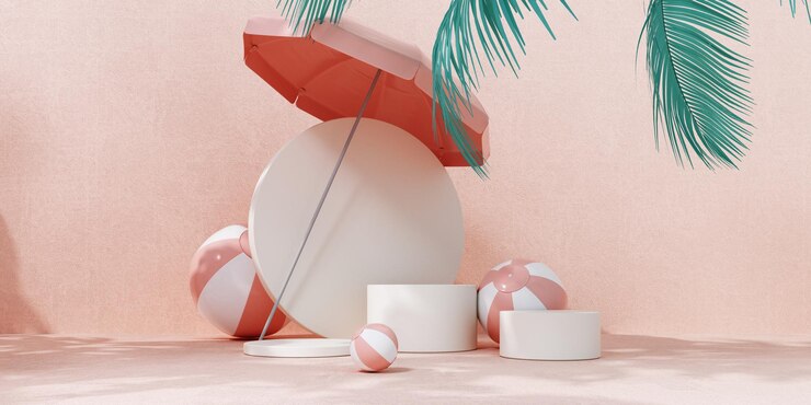 Renderizado en 3D del podio de verano con bolas de playa y un paraguas
