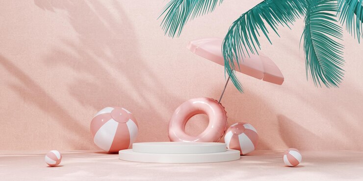 Renderizado en 3D del podio de verano con bolas de playa y un paraguas