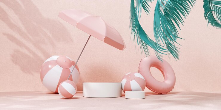 Renderizado en 3D del podio de verano con bolas de playa y un paraguas