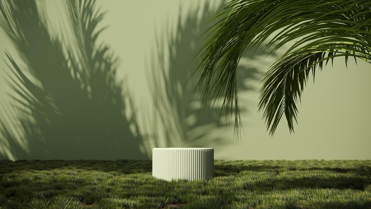 Renderizado en 3D de un podio de verano en hierba verde con ramas de palma tropicales y sombras