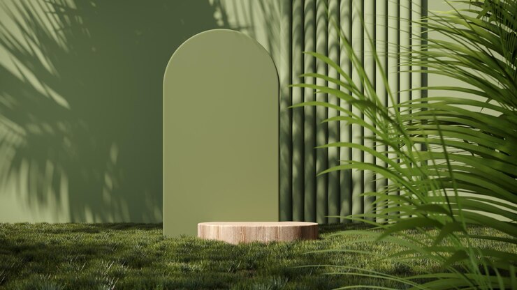 Renderizado en 3D de un podio de verano en hierba verde con ramas de palma tropicales y sombras
