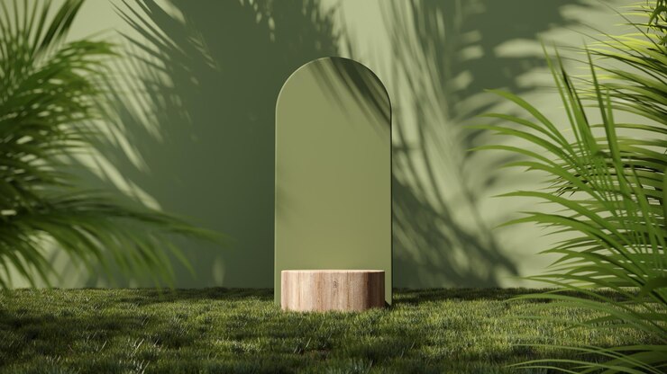 Renderizado en 3D de un podio de verano en hierba verde con ramas de palma tropicales y sombras