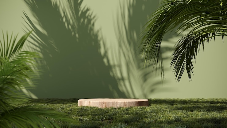 Renderizado en 3D de un podio de verano en hierba verde con ramas de palma tropicales y sombras