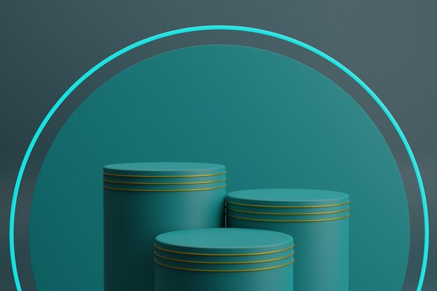 Renderizado 3D Podios cilíndricos en color azul azul iluminación y fondo temático
