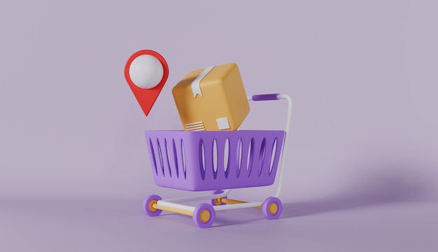 Renderizado 3D que ilustra el proceso de compras en línea y entrega eficiente con elementos de una tienda