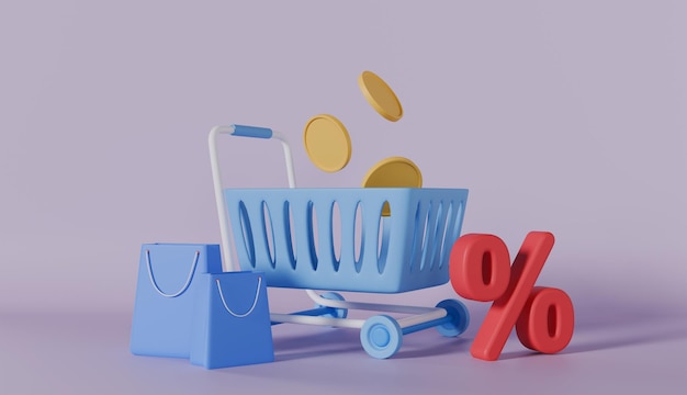 Renderizado 3D que muestra la emoción de las ofertas de compras con elementos flotantes de un carrito de compras