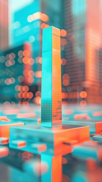 Foto renderizado en 3d de un rascacielos brillante hecho de vidrio azul y naranja