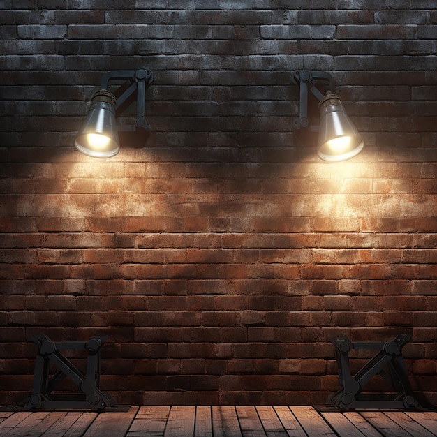 Foto renderizado en 3d de los reflectores en la pared de ladrillos grunge