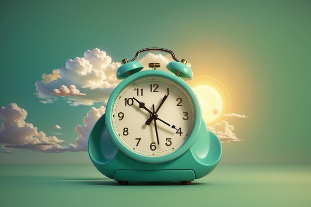 Renderizado en 3D de reloj despertador con nubes y amanecer aislados en verde