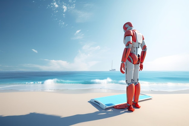 Renderizado en 3D de un robot rojo de pie en la playa y leyendo un libro Un salvavidas robot de IA futurista mirando la playa