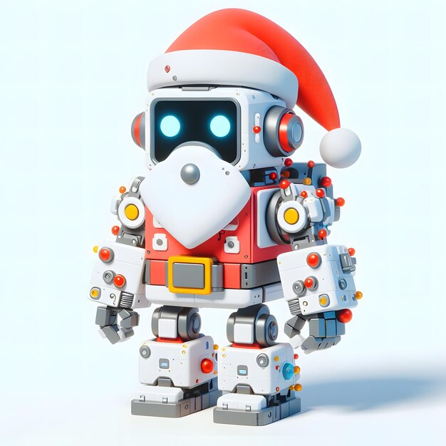 Renderizado en 3D de un robot con un sombrero de Papá Noel en un fondo blanco