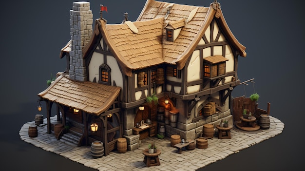 Renderizado en 3D de una taberna medieval