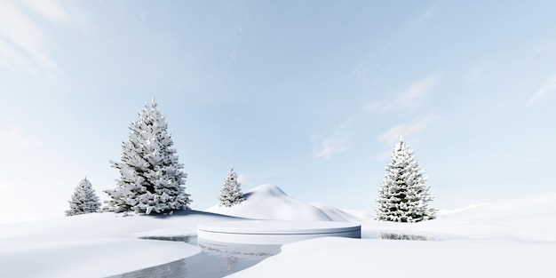 Renderizado en 3D de Tarjeta de felicitación de Navidad y Año Nuevo con árboles, nieve y podio