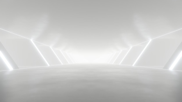Renderizado en 3D de un túnel blanco de ciencia ficción abstracta Corredor de naves espaciales futuristas
