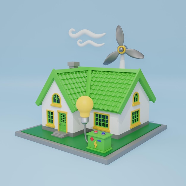Renderizado en 3D de una turbina eólica con cargador de casa y lámpara Concepto de energía limpia ecológica Energía verde