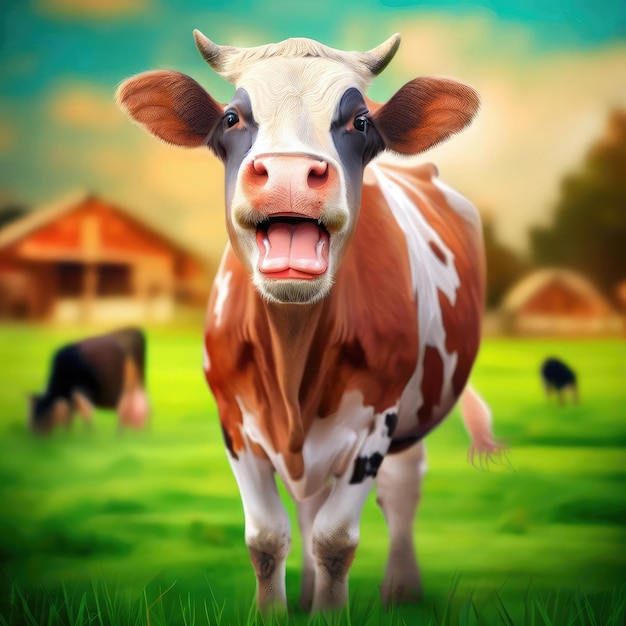 Foto renderizado en 3d de una vaca feliz en una granja de pie en la hierba verde ganado vacuno en el fondo
