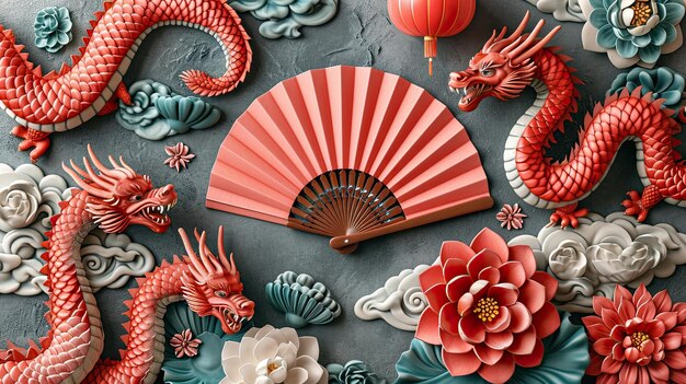 Foto renderizado en 3d del ventilador de papel dragón y la linterna japonesa