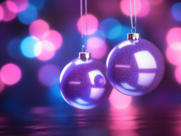 Renderizado 3D de vidrio bolas de Navidad contra un fondo bokeh púrpura adornos de Navidad neón luz rosa y azul ilustración
