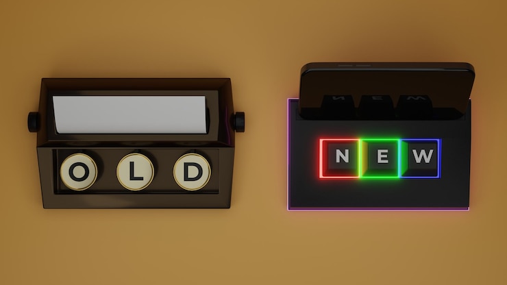 Foto renderizado en 3d de la vieja contra la nueva ilustración de la máquina de escribir contra el teclado inalámbrico moderno con teléfono inteligente