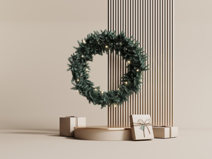 Renderizado 3D de vitrina festiva con regalos de corona de Navidad y guirnaldas para presentaciones de productos