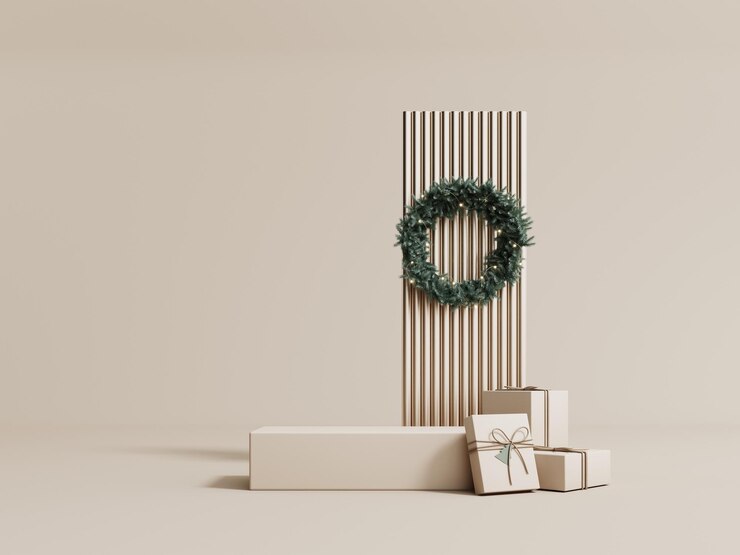 Renderizado 3D de vitrina festiva con regalos de corona de Navidad y guirnaldas para presentaciones de productos