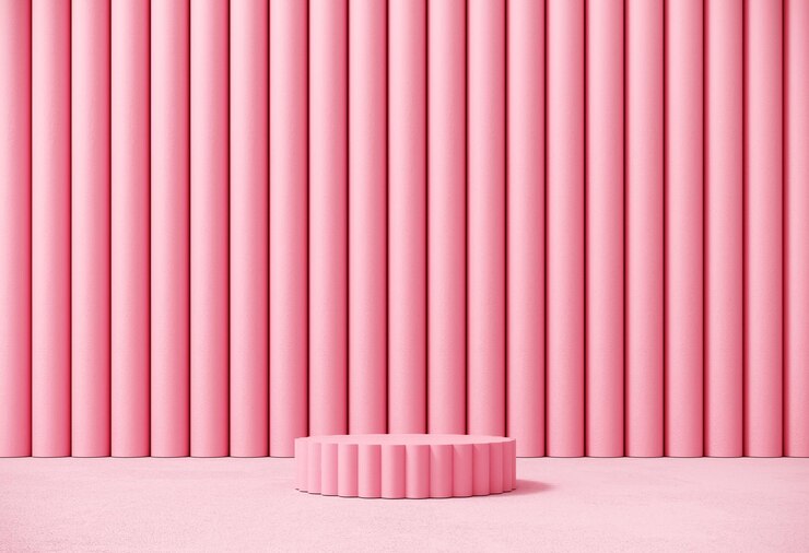 Renderizado en 3D de una vitrina romántica sobre un fondo rosa pastel para un producto premium