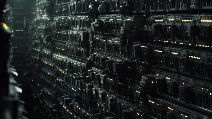 Foto renderizado de arte digital del paisaje urbano futurista oscuro