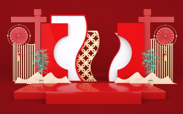 Renderizado en Cinema 4d de una plataforma de fondo rojo con decoraciones de estilo chino