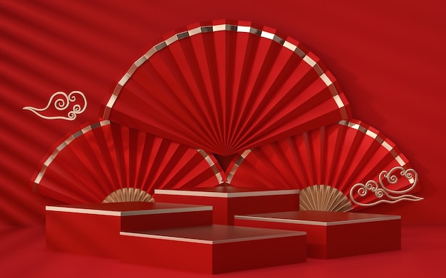 Renderizado en Cinema 4D de una plataforma de fondo rojo con decoraciones de estilo chino