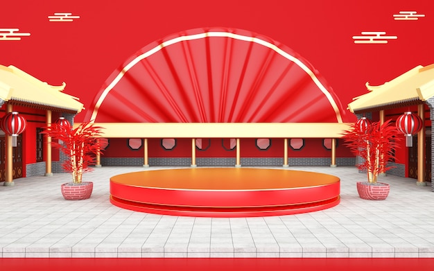 Renderizado en Cinema 4d de una plataforma de fondo rojo con decoraciones de estilo chino