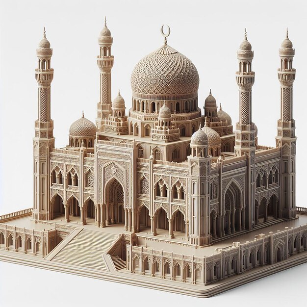 Renderizado detallado en 3D de un modelo de mezquita en miniatura que muestra la arquitectura islámica sobre un fondo blanco