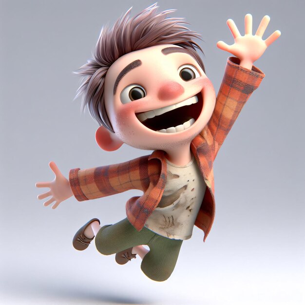 Renderizado digital niño alegre salta ropa desaliñada gran sonrisa cabello realista generativo como el de Pixar